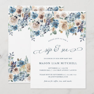 Invitation Floral neutre et bleu Sip et voir