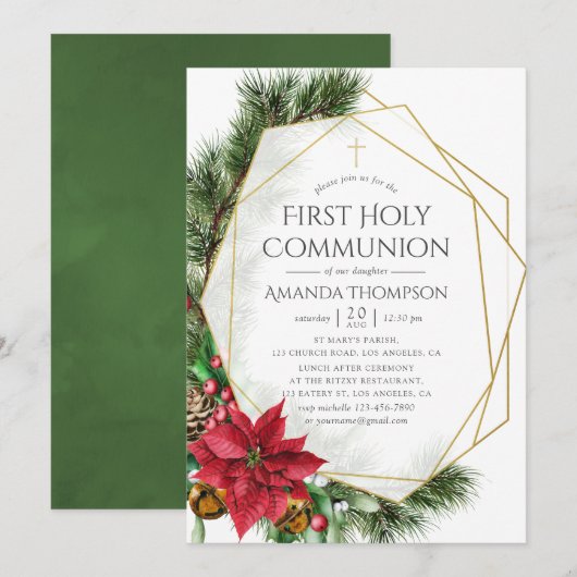 Invitation Floral Noël Géométrique Première Communion Sainte (Devant / Derrière)