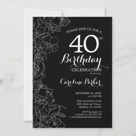 Invitation Floral noir blanc 40e anniversaire (Devant)