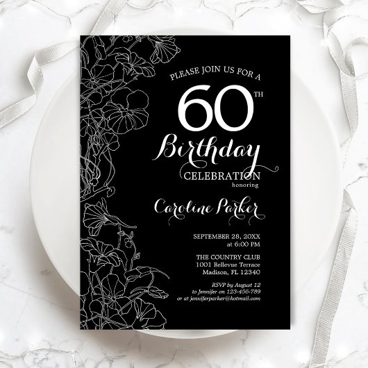 Invitation Floral noir blanc 60e anniversaire