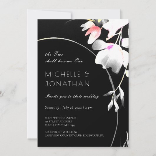 Invitation Floral noir & blanc moderne Mariage inspiré (Devant)