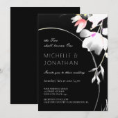 Invitation Floral noir & blanc moderne Mariage inspiré (Devant / Derrière)