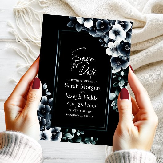Invitation Floral noir blanc moderne Sauvez la date