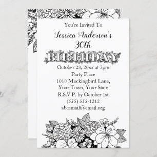 Invitation Floral noir blanc trentième 30ème anniversaire Inv