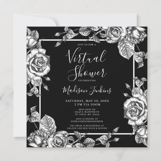 Invitation Floral Noir Blanc virtuel Bridal Shower (Devant)