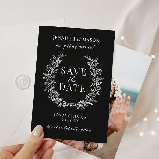 Invitation Floral noir bohème simple Enregistrer la photo Dat