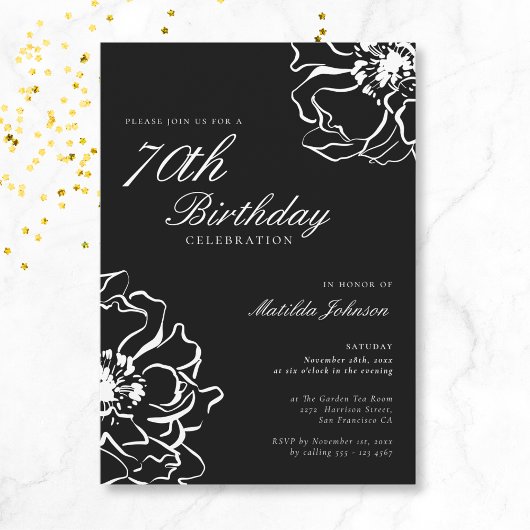 Invitation Floral noir et blanc 70e anniversaire