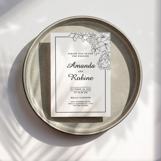 Invitation Floral noir et blanc Moderne Mariage simple