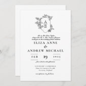 Invitation Floral noir et blanc Monogram Crest Mariage (Devant / Derrière)