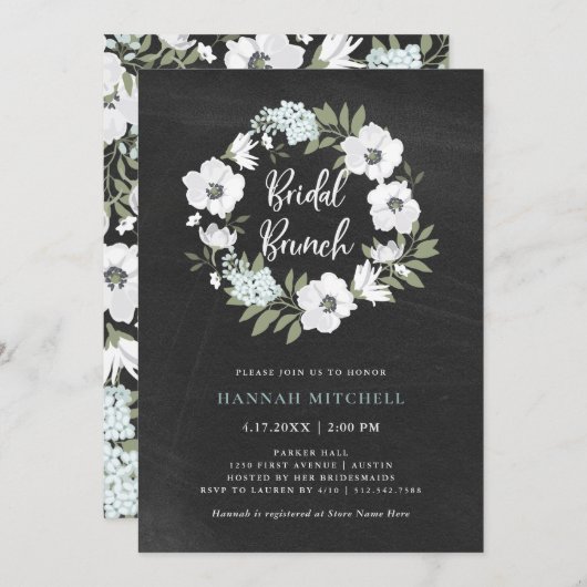 Invitation Floral noir et blanc rustique | Brunch nuptial (Devant / Derrière)