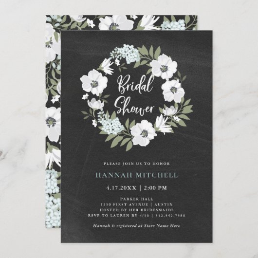 Invitation Floral noir et blanc rustique | Fête des mariées (Devant / Derrière)