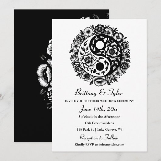 Invitation Floral noir et blanc Yin Yang Mariage (Devant / Derrière)