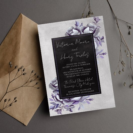Invitation Floral noir gothique pourpre Moody Mariage