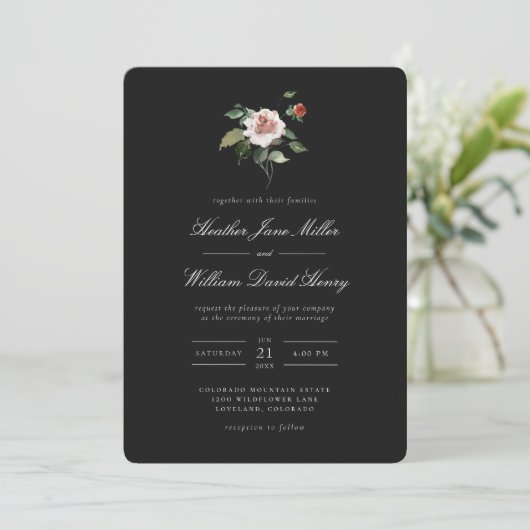 Invitation Floral noir Mariage (Debout devant)