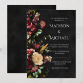 Invitation Floral noir Mariage moderne (Devant / Derrière)