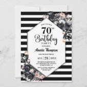 Invitation Floral noir moderne rayé 70e fête d'anniversaire (Devant)