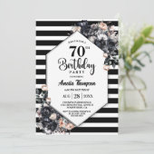 Invitation Floral noir moderne rayé 70e fête d'anniversaire (Debout devant)