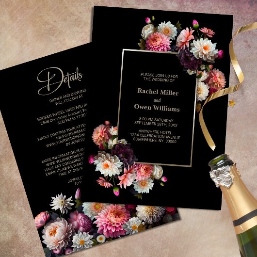 Invitation Floral noir moderne tout en un Mariage