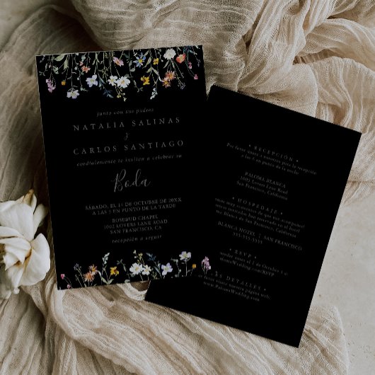 Invitation Floral noir sauvage devant Mariage arrière
