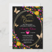 Invitation Floral Noir Tiara Butterfly Mis Quinceañera (Devant)