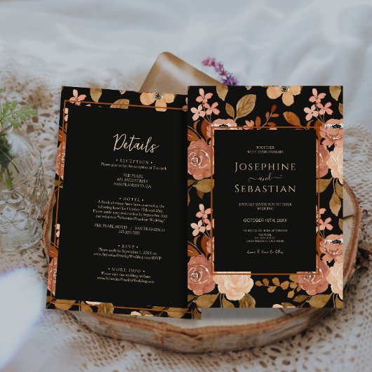 Invitation Floral noir traditionnel tout en un Mariage Boho