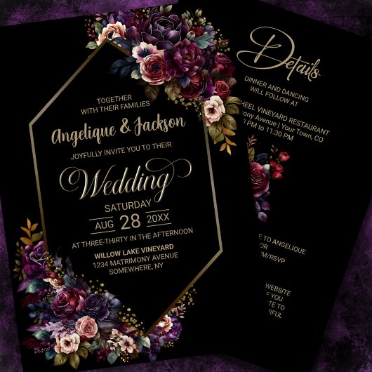 Invitation Floral noir violet bordeaux tout en un Mariage