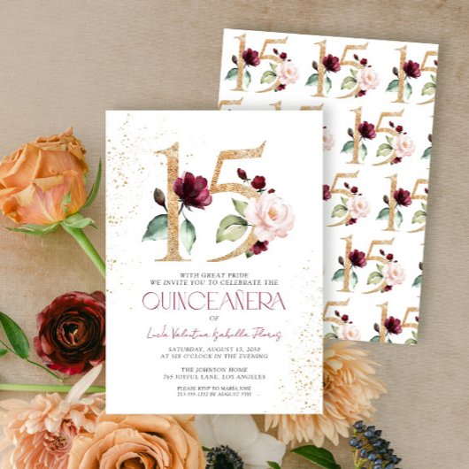 Invitation Floral Numéro 15 Burgundy Gold Quinceañera