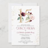 Invitation Floral Numéro 15 Burgundy Gold Quinceañera (Devant)