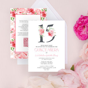 Invitation Floral Numéro 15 rose élégant QR Quinceañera