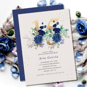 Invitation Floral Numéro 15 Royal Blue et Gold Quinceanera