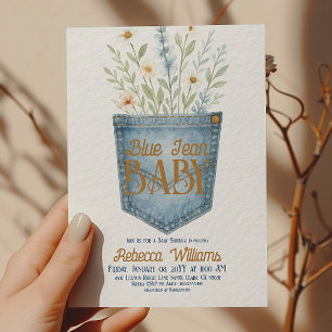 Invitation Floral occidental Denim Boy Baby shower Blue Jean