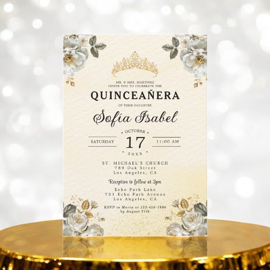 Invitation Floral Or blanc princesse Quinceanera