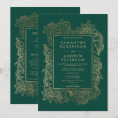 Invitation Floral or émeraude vert détails hôtel mariage (Devant / Derrière)