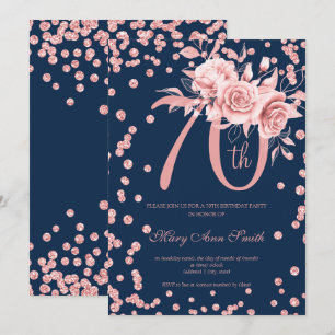 Invitation Floral or rose & Confetti 70e anniversaire Marine