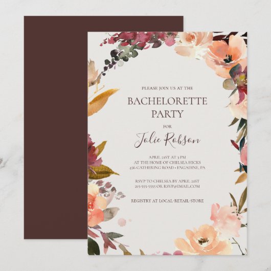Invitation Floral Orange Bourgogne | Bachelorette beige (Devant / Derrière)