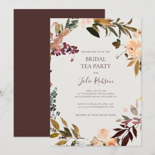 Invitation Floral Orange Bourgogne | Beige Bridal Tea Party (Devant / Derrière)