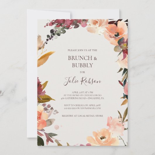 Invitation Floral Orange Bourgogne | Brunch beige et mousseux (Devant)