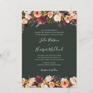 Invitation Floral Orange Bourgogne   Mariage traditionnel ver