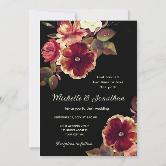 Invitation Floral orange brûlé sur Mariage chrétien noir (Devant)