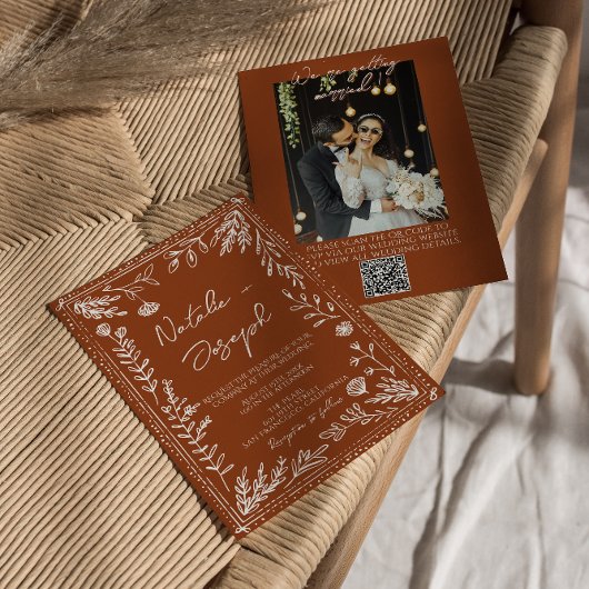 Invitation Floral Orange Terracotta Photo QR Code Wedding