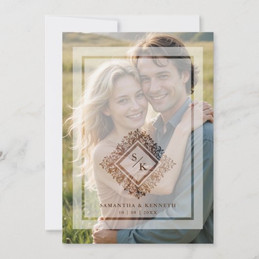 Invitation Floral Ornate Frame Diamond Shape Wedding Initials (Devant)