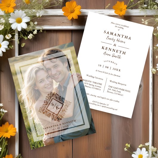 Invitation Floral Ornate Frame Diamond Shape Wedding Initials