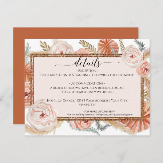 Invitation Floral Pampas Foliage Burnt Orange Détails Mariage (Devant / Derrière)