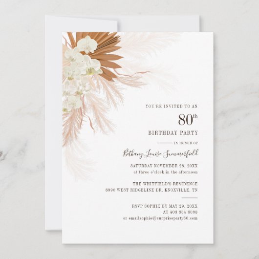 Invitation Floral Pampas Grass 80e anniversaire (Devant)