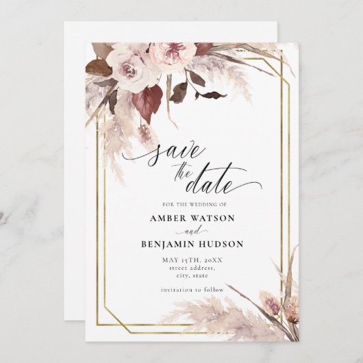 Invitation Floral Pampas Grass Boho Mariage Enregistrer La Da (Devant / Derrière)