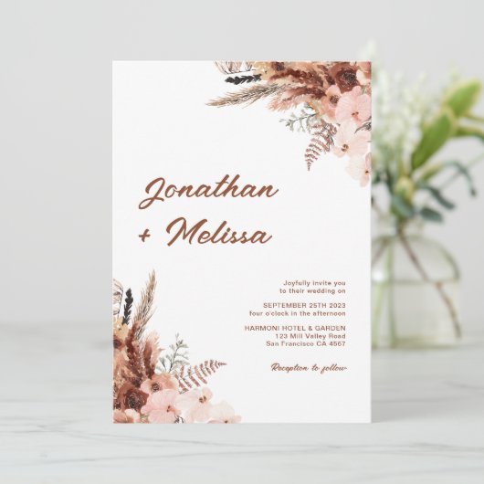Invitation Floral Pampas Rust Terracotta Script Photo Mariage (Debout devant)