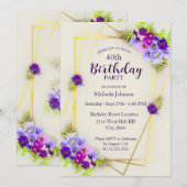 Invitation Floral Pansy Géométrique 40e anniversaire (Devant / Derrière)