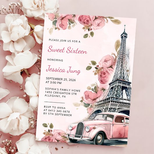Invitation Floral Paris Tour Eiffel Sweet 16 Anniversaire
