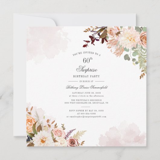 Invitation Floral Pastel 60e anniversaire Script Surprise Par (Devant)