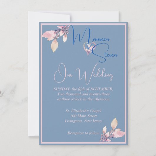 Invitation Floral Pays Bleu et Mariage rose (Devant)